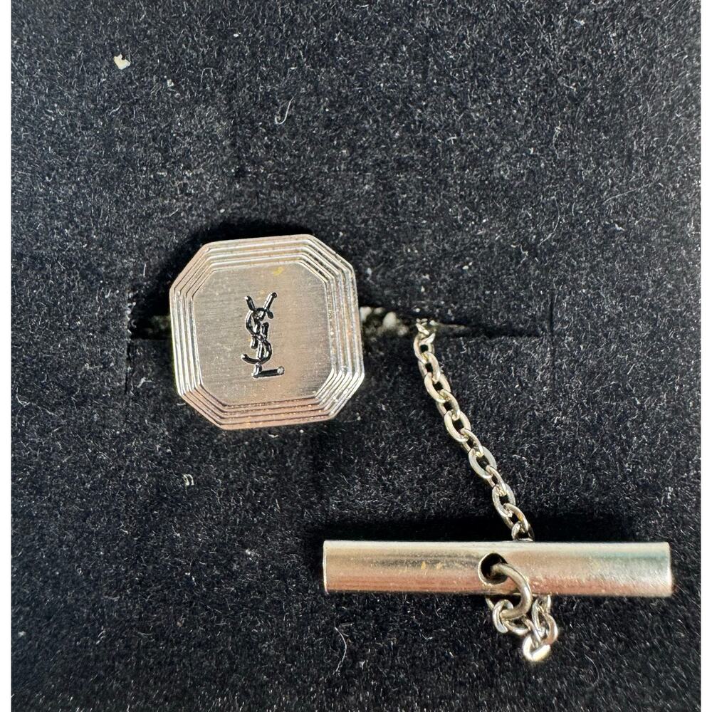 YSL Yves Saint Laurent Silver Tone Tie Tack Chain Vintage Monogram